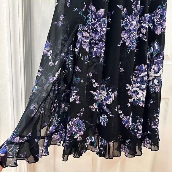 ASOS Black Ruffle Trim Purple Floral Double Front Slit Maxi Dress sz 4 - Picture 4 of 11
